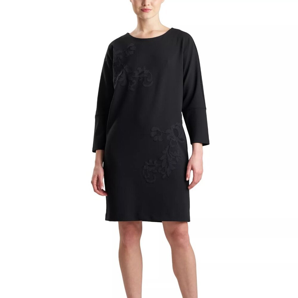 NWT Natori Black Round-Neck Floral Appliqué Shift Dress - Sz S&L - MSRP $175